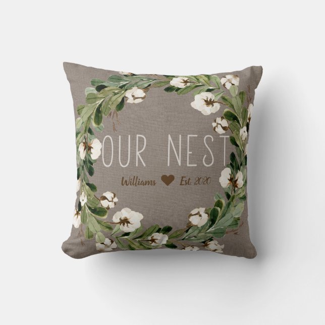 Unser Nest-Namen-natürlicher personalisierter Kissen (Vorderseite)