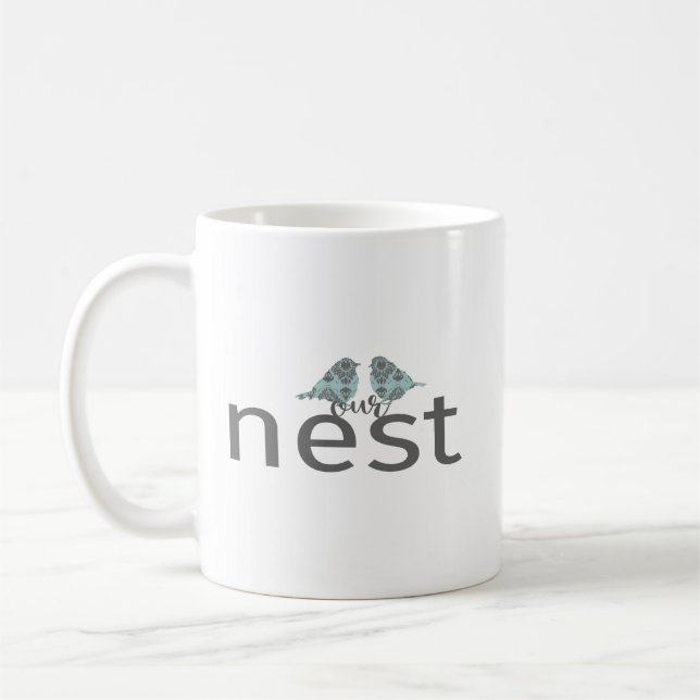 Unser Nest zwei Vögel blau grau Kaffeetasse (Links)