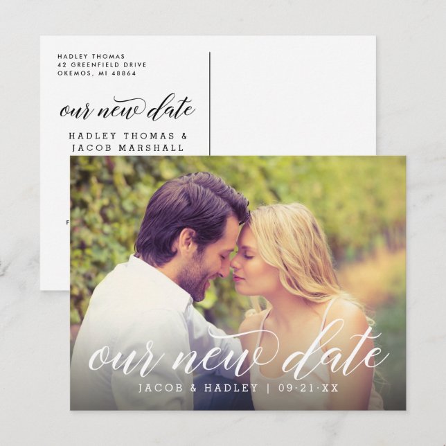 Unser neues Date Modernes kalligrafisches Hochzeit Ankündigungspostkarte (Vorne/Hinten)