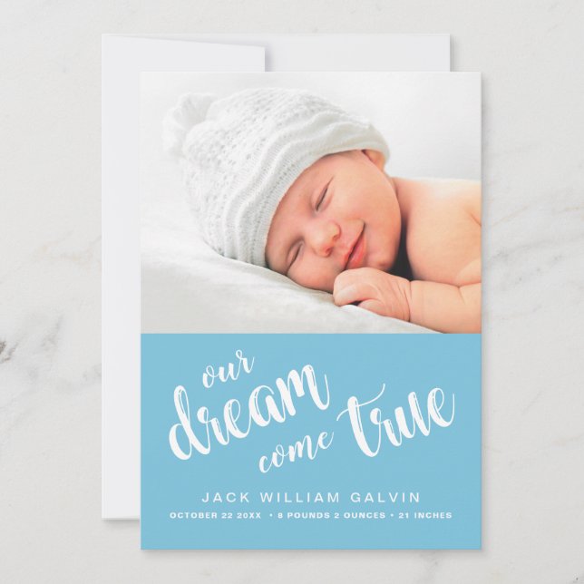 Unser Traum erfüllt das Foto Sweet Blue Boy Birth Ankündigung (Vorderseite)
