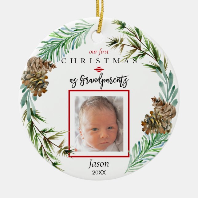 Unsere 1. Weihnachtszeit als Großeltern Kindername Keramik Ornament (Vorne)