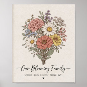 Unsere blühende Familie personalisierte Geburtsblu Poster