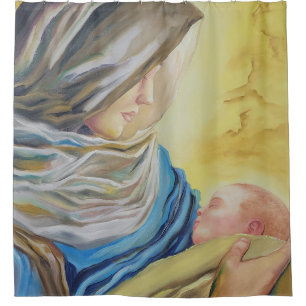 Unsere Dame des Schweigens hält das Baby Jesus Duschvorhang