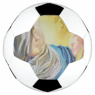Unsere Dame des Schweigens hält das Baby Jesus Fußball