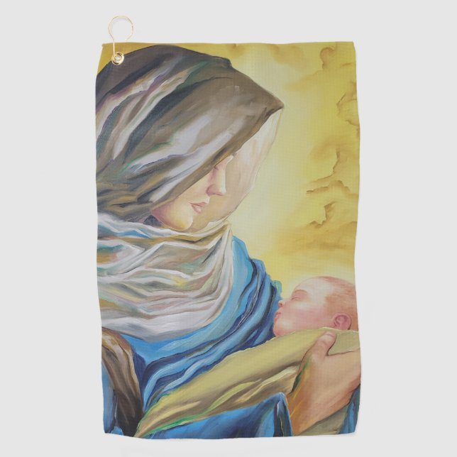 Unsere Dame des Schweigens hält das Baby Jesus Golfhandtuch (Vorderseite)