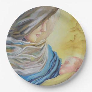Unsere Dame des Schweigens hält das Baby Jesus Pappteller
