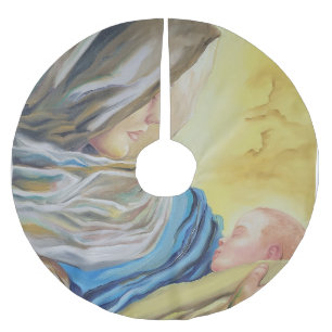 Unsere Dame des Schweigens hält das Baby Jesus Polyester Weihnachtsbaumdecke