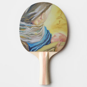 Unsere Dame des Schweigens hält das Baby Jesus Tischtennis Schläger