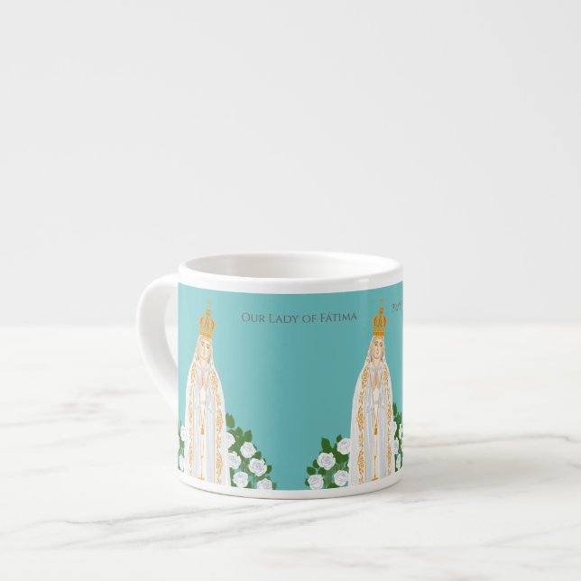 Unsere Dame Fatima und weiße Rosen Espressotasse (Vorderseite Links)
