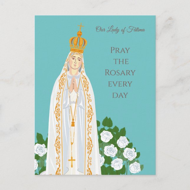 Unsere Dame Fatima und weiße Rosen Postkarte (Vorderseite)