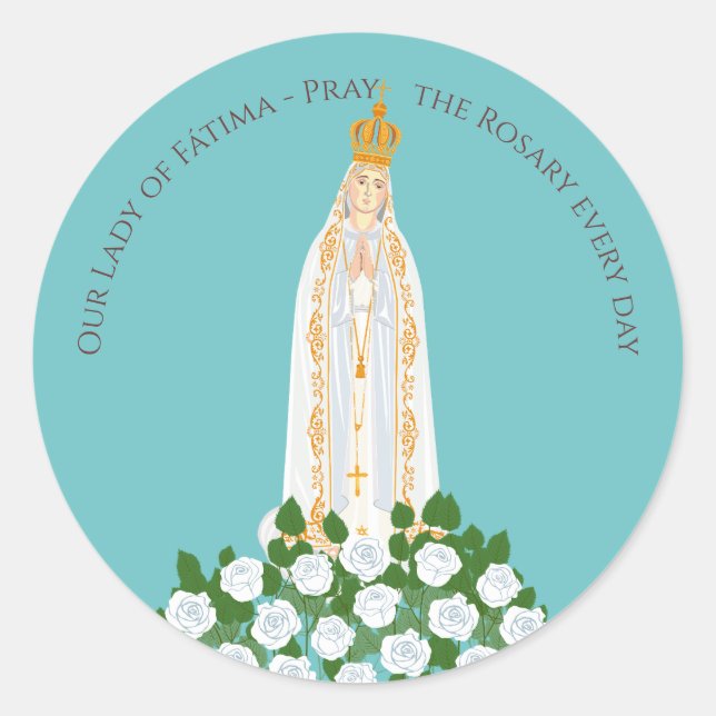 Unsere Dame Fatima und weiße Rosen Runder Aufkleber (Vorderseite)