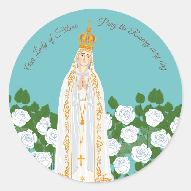 Unsere Dame Fatima und weiße Rosen Runder Aufkleber (Vorderseite)