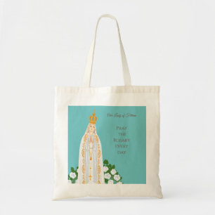 Unsere Dame Fatima und weiße Rosen Tragetasche