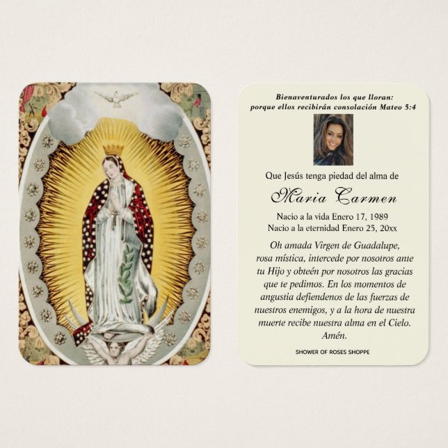 Unsere Dame Guadalupe Spanische Beerdigung Heilige (Vorne & Hinten)