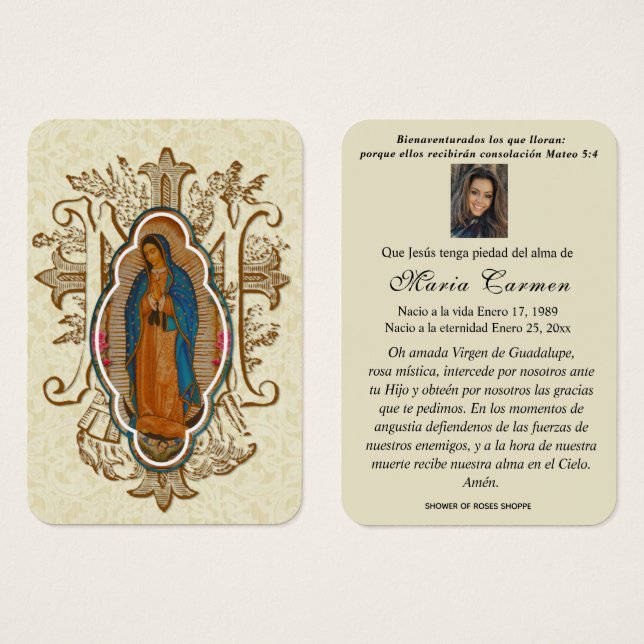 Unsere Dame Guadalupe Spanische Beerdigung Heilige (Vorne & Hinten)