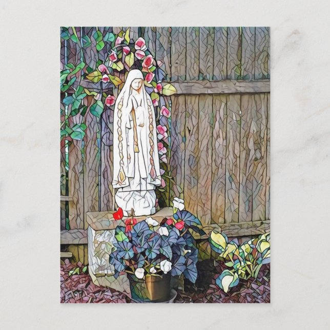 Unsere Dame von Fatima mit Blume durch Zaun Postkarte (Vorderseite)