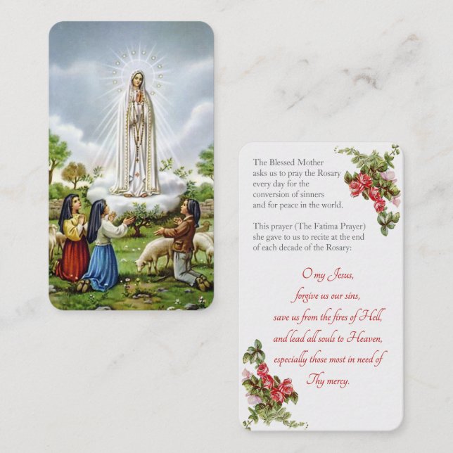 Unsere Dame von Fatima mit "Fatima Prayer Card" Begleitkarte (Vorne/Hinten)