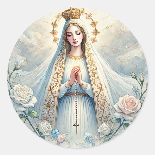 Unsere Dame von Fatima White Roses Aquarell Runder Aufkleber (Vorderseite)