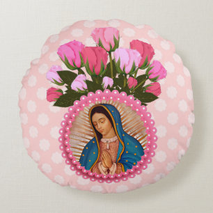 Unsere Dame von Guadalupe, rosa Rosenwirbelkissen Rundes Kissen