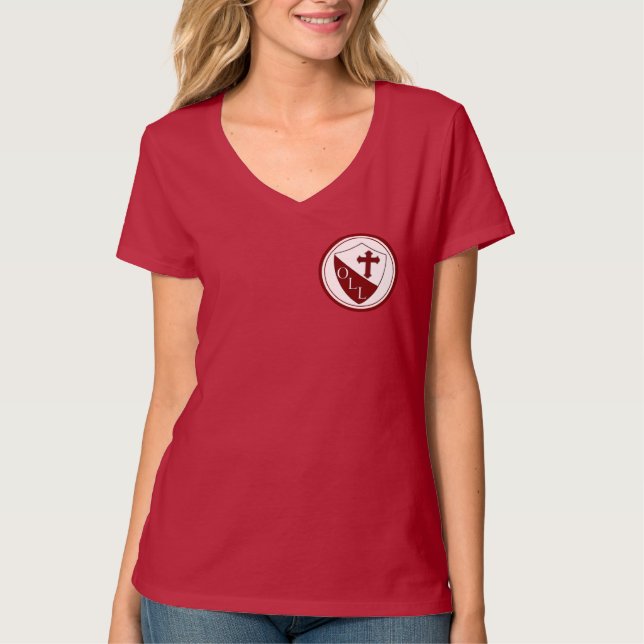 Unsere Dame von Lourdes-Damen Hanes V - Hals T-Shirt (Vorderseite)