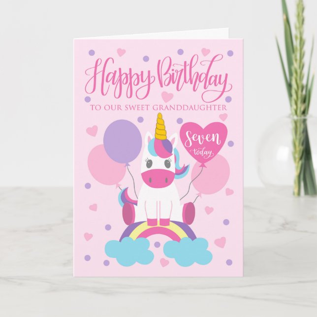 Unsere Enkelin Unicoron am Regenbogen 7. Geburtsta Karte (Vorderseite)