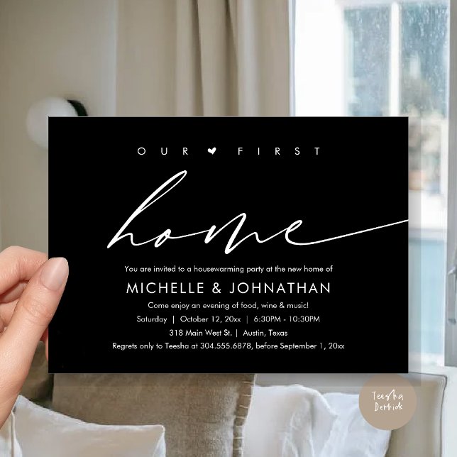 Unsere erste neue Zuhause, Party-Feier zum Thema H Einladung (Our First New Home, Housewarming Party Celebration Invitation Card, PDF, in Classy Black)