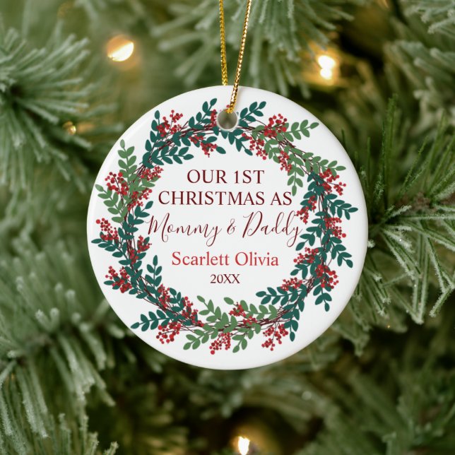 Unsere erste Weihnachten als Mama Daddy Baby Name  Keramik Ornament (Baum)