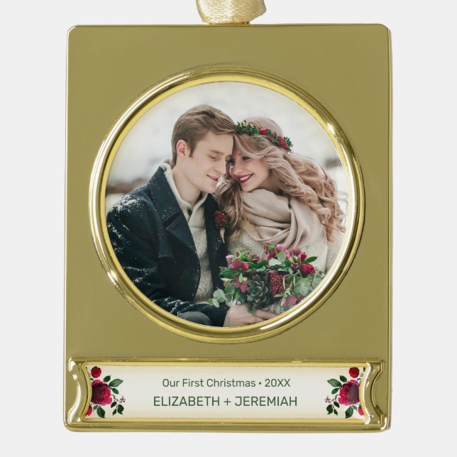 Unsere erste Weihnachts-Neuvermählte Foto Wasserfa Banner-Ornament Gold (Vorderseite)