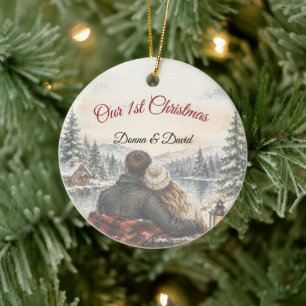 Unsere erste Weihnachts-Paar-Hütten-Seen-Szene Keramik Ornament