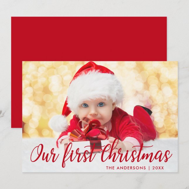 Unsere erste Weihnachts-Red-Script-Fotokarte Rd Einladung (Vorne/Hinten)