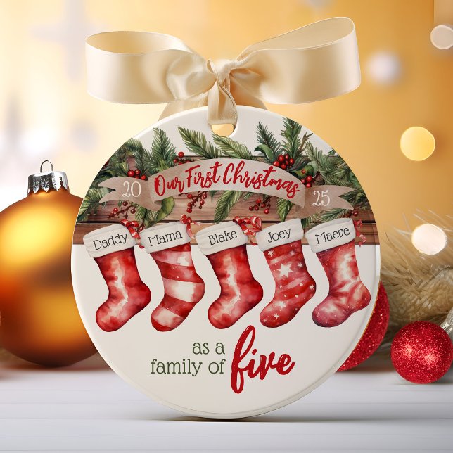 Unsere erste Weihnachtsfamilie von 5 Strümpfen Keramik Ornament (Cute personalized name stockings our first Christmas as a family of five, year, baby's 1st ornament)