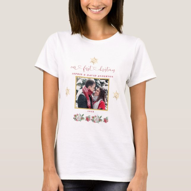 Unsere erste Weihnachtsfeier mit floraler Snowflak T-Shirt (Vorderseite)