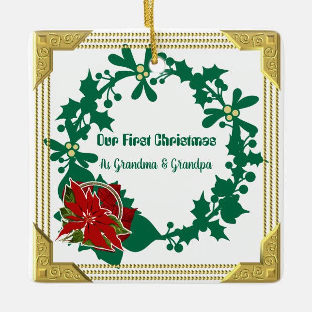 Unsere erste Weihnachtsgrandma und Opa Poinsettia Keramikornament (Vorderseite)
