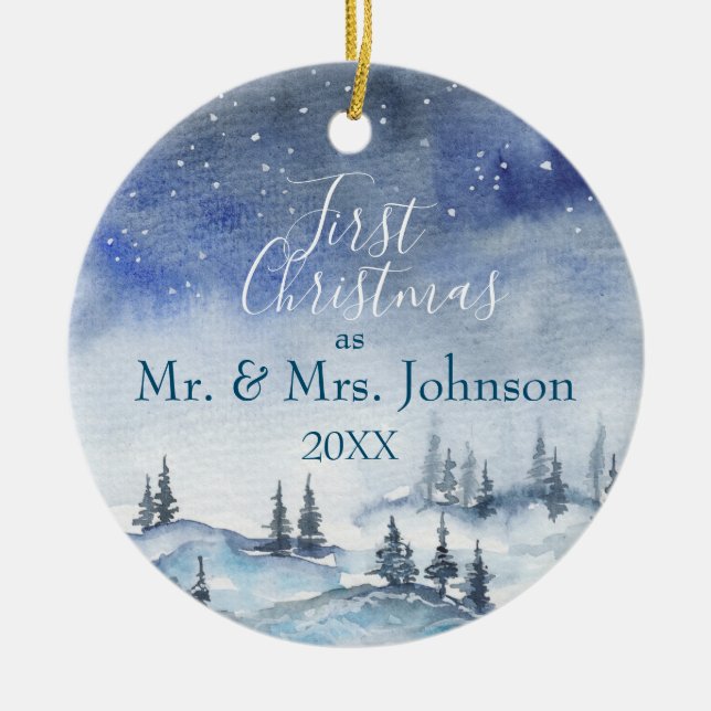 Unsere erste Weihnachtszeit Mr. & Mrs.| Verheirate Keramik Ornament (Vorne)