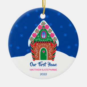 Unsere erste Zuhause Gingerbrot House Night Blue Keramik Ornament