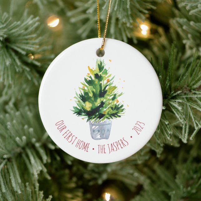 Unsere erste Zuhause Personalisierte Weihnachtsbau Keramik Ornament (Baum)