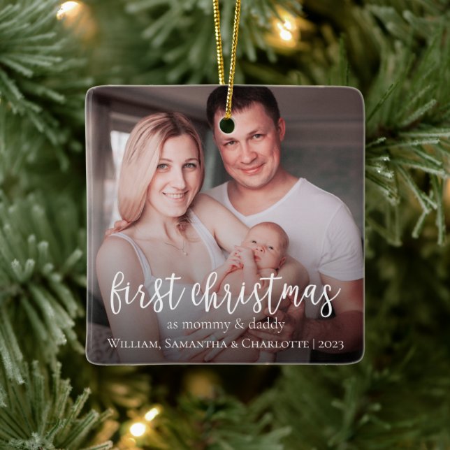 Unsere ersten Weihnachten als Familie von 3 Fotos Keramikornament (Baum)