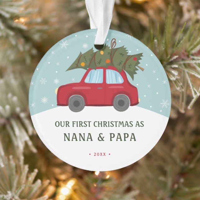 Unsere ersten Weihnachten als Großeltern Red Car T Ornament (Baum)