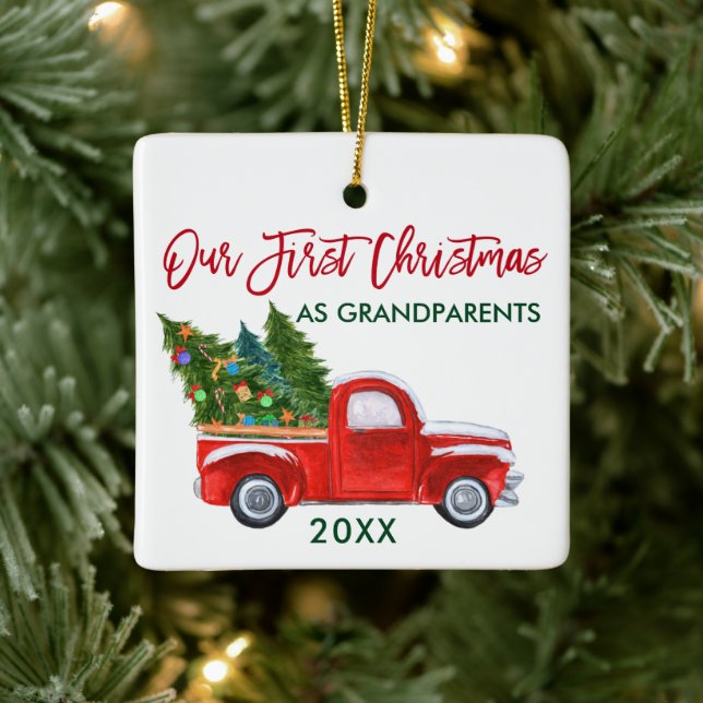Unsere ersten Weihnachten als Großeltern Red Truck Keramikornament (Baum)