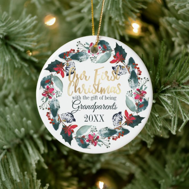 Unsere ersten Weihnachten als Großeltern Rote Flor Keramik Ornament (Baum)