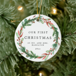 Unsere ersten Weihnachten als Herr und Frau Wreath Keramik Ornament