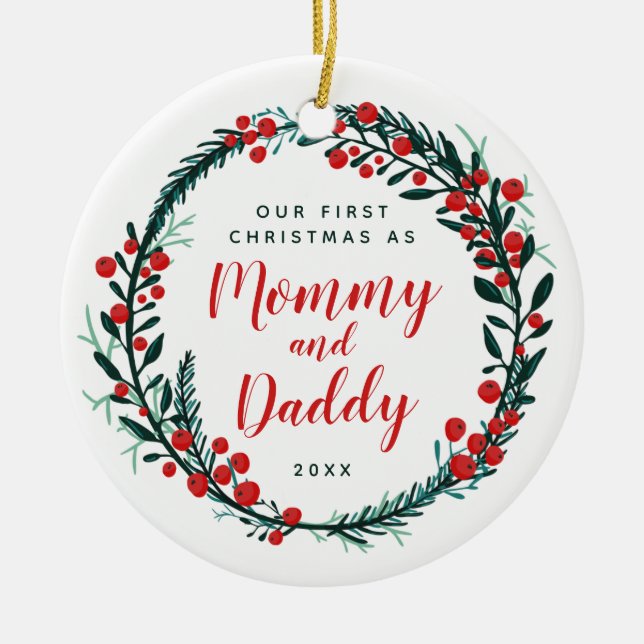 Unsere ersten Weihnachten als Mama und Papa Weihna Keramik Ornament (Vorne)