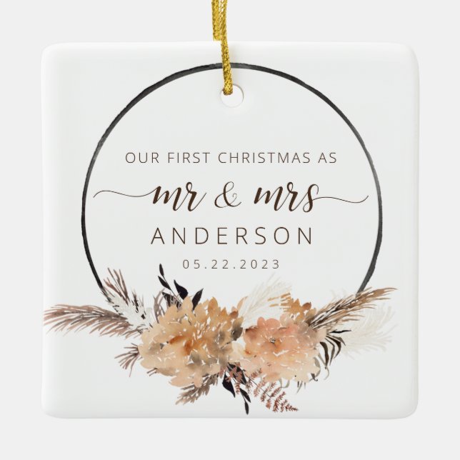 Unsere ersten Weihnachten als Mr. & Mrs. Foto Boho Keramikornament (Vorderseite)