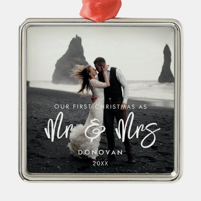 Unsere ersten Weihnachten als Mr. & Mrs. Foto Ornament Aus Metall (Vorne)