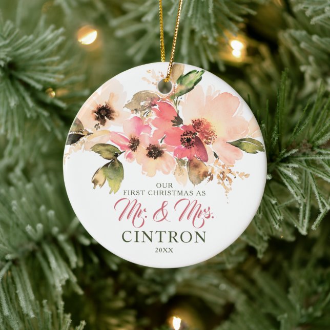Unsere ersten Weihnachten als Mr. & Mrs. Peach Flo Keramik Ornament (Baum)