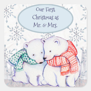 Unsere ersten Weihnachten als Mr. & Mrs. Polar Bea Quadratischer Aufkleber