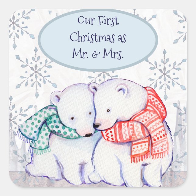 Unsere ersten Weihnachten als Mr. & Mrs. Polar Bea Quadratischer Aufkleber (Vorderseite)
