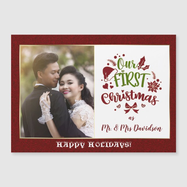 Unsere ersten Weihnachten als Mr. & Mrs. Red Glitz Magnetkarte (Vorderseite)