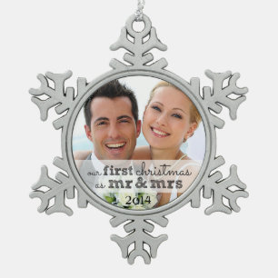 Unsere ersten Weihnachten als Mr. & Mrs. Snowflake Schneeflocken Zinn-Ornament