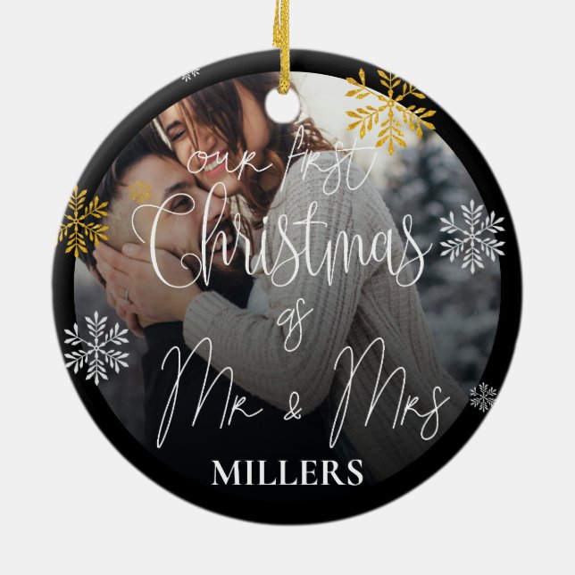 Unsere ersten Weihnachten als Mr. und Mrs. Foto Keramik Ornament (Hinten)